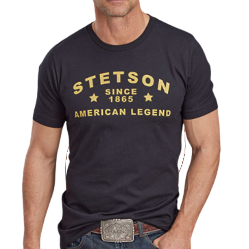 Man wearing a black Stetson American Legend short sleeve t-shirt with yellow heritage graphics from Moon Ridge Hats and Heritage.