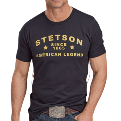 Man wearing a black Stetson American Legend short sleeve t-shirt with yellow heritage graphics from Moon Ridge Hats and Heritage.