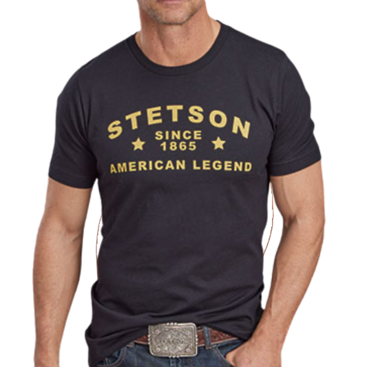 Man wearing a black Stetson American Legend short sleeve t-shirt with yellow heritage graphics from Moon Ridge Hats and Heritage.