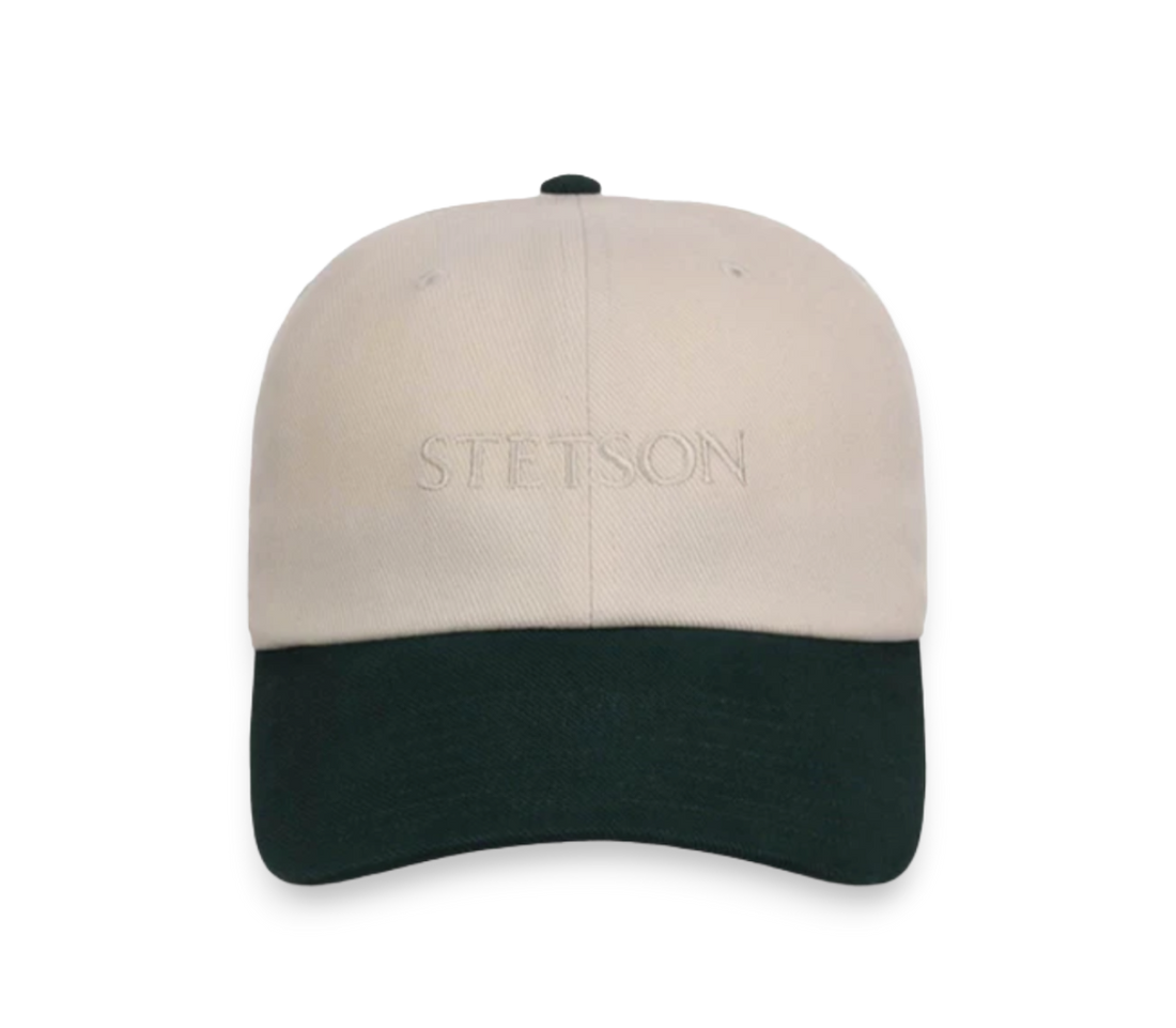 Moon Ridge Hats and Heritage Stetson classic cap in cream cotton canvas with hunter green bill and subtle tonal embroidery.
