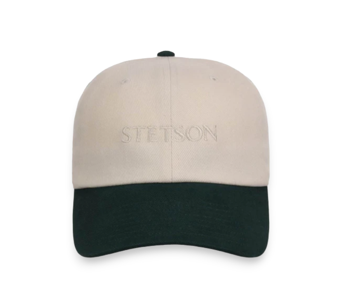 Moon Ridge Hats and Heritage Stetson classic cap in cream cotton canvas with hunter green bill and subtle tonal embroidery.