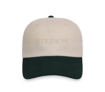 Moon Ridge Hats and Heritage Stetson classic cap in cream cotton canvas with hunter green bill and subtle tonal embroidery.
