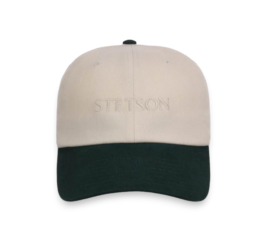 Moon Ridge Hats and Heritage Stetson classic cap in cream cotton canvas with hunter green bill and subtle tonal embroidery.