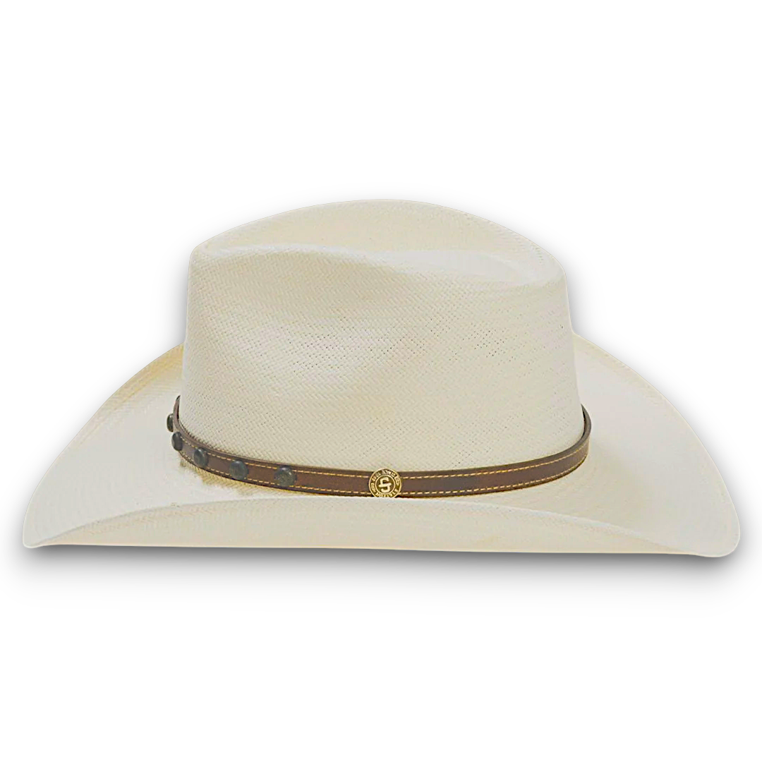 Moon Ridge Hats and Heritage Stetson Cyprus natural 8X Shantung straw cowboy hat with leather band and silver detail.