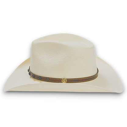 Moon Ridge Hats and Heritage Stetson Cyprus natural 8X Shantung straw cowboy hat with leather band and silver detail.