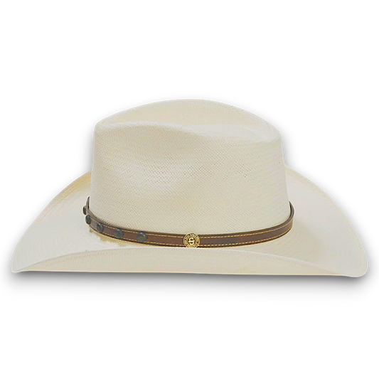 Moon Ridge Hats and Heritage Stetson Cyprus natural 8X Shantung straw cowboy hat with leather band and silver detail. alternate view