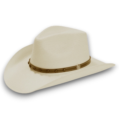 Moon Ridge Hats and Heritage Stetson Cyprus natural 8X Shantung straw cowboy hat with leather band and 4 1/4" crown.