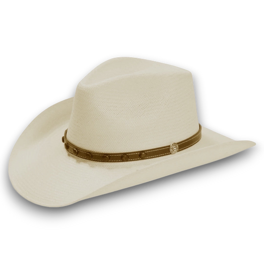 Moon Ridge Hats and Heritage Stetson Cyprus natural 8X Shantung straw cowboy hat with leather band and 4 1/4" crown.