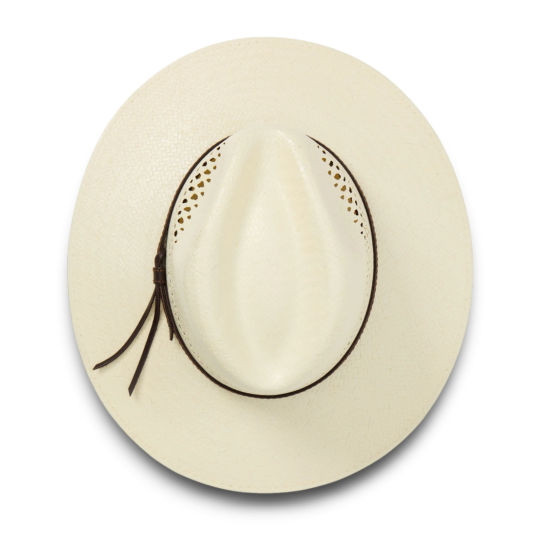 Moon Ridge Hats and Heritage Stetson Digger straw cowboy hat in cream with a brown leather hatband and teardrop crown.