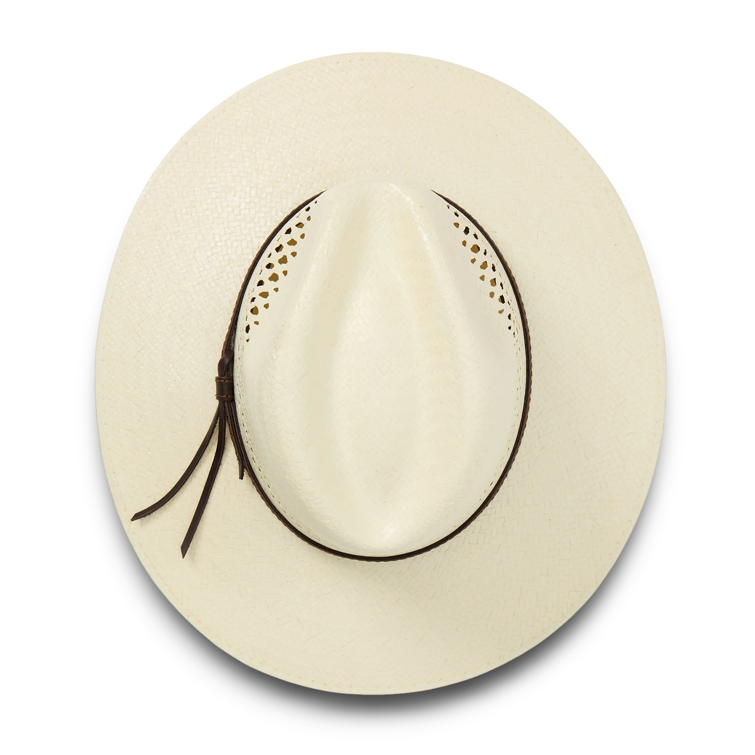 Moon Ridge Hats and Heritage Stetson Digger straw cowboy hat in cream with a brown leather hatband and teardrop crown.