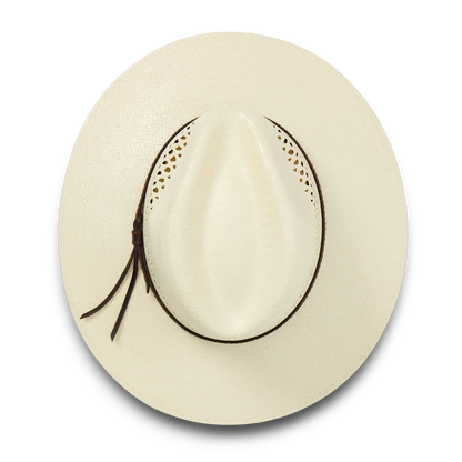 Moon Ridge Hats and Heritage Stetson Digger straw cowboy hat in cream with a brown leather hatband and teardrop crown.