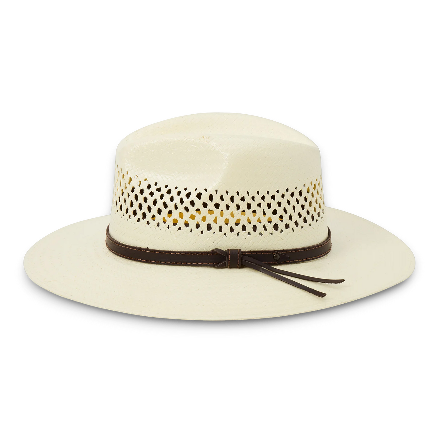 Moon Ridge Hats and Heritage Stetson Digger straw hat with teardrop crown, woven detail, leather band, and UPF 50+ brim.