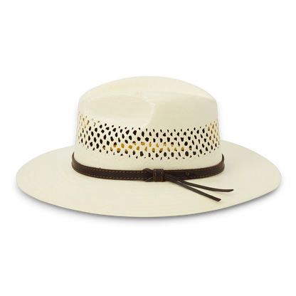 Moon Ridge Hats and Heritage Stetson Digger straw hat with teardrop crown, woven detail, leather band, and UPF 50+ brim.