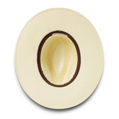 Moon Ridge Hats and Heritage Stetson Digger straw hat, natural cream color, with a brown leather hatband and UPF 50+ protection.