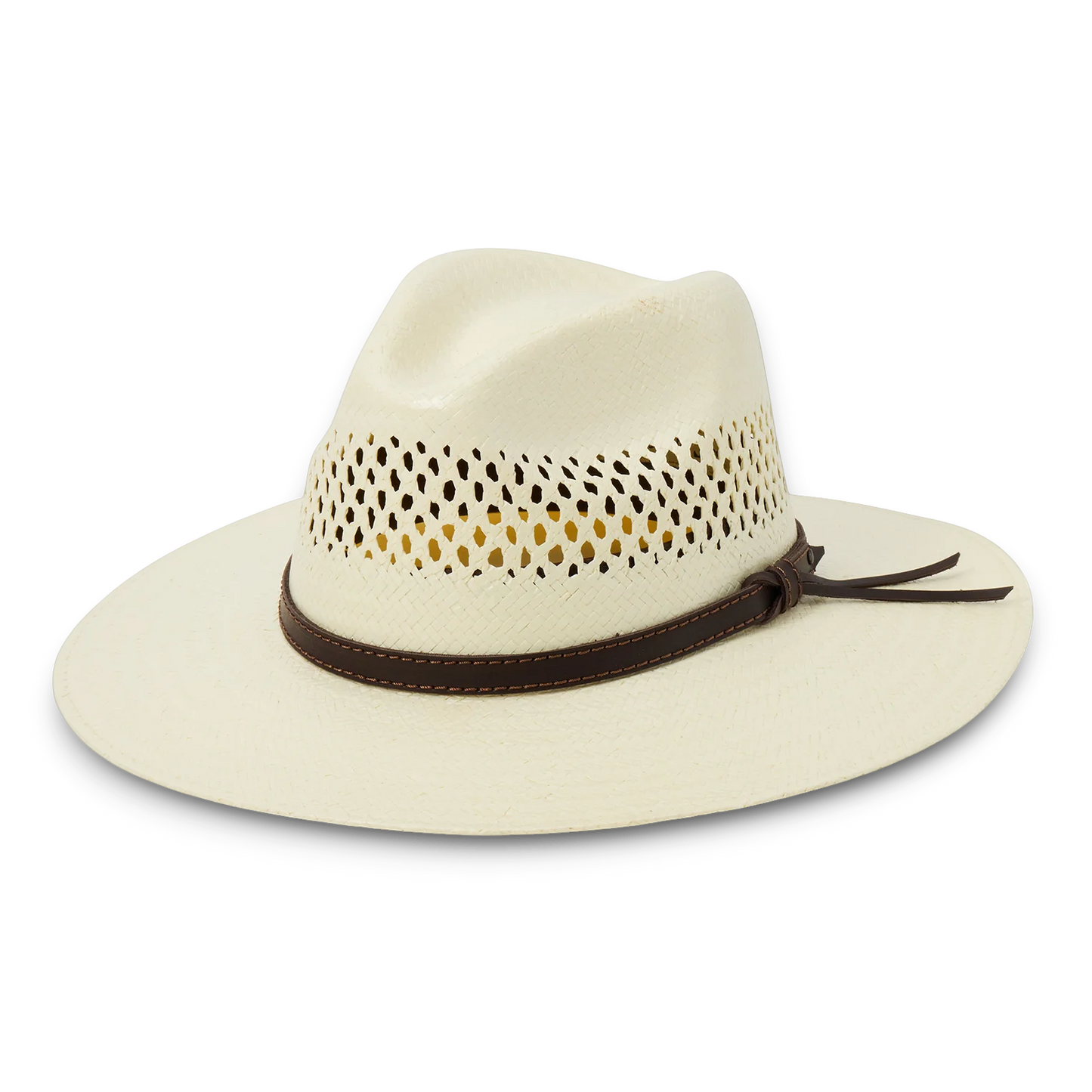 Moon Ridge Hats and Heritage SDigger straw fedora hat in cream with woven detail, leather band, and 3.25" brim.