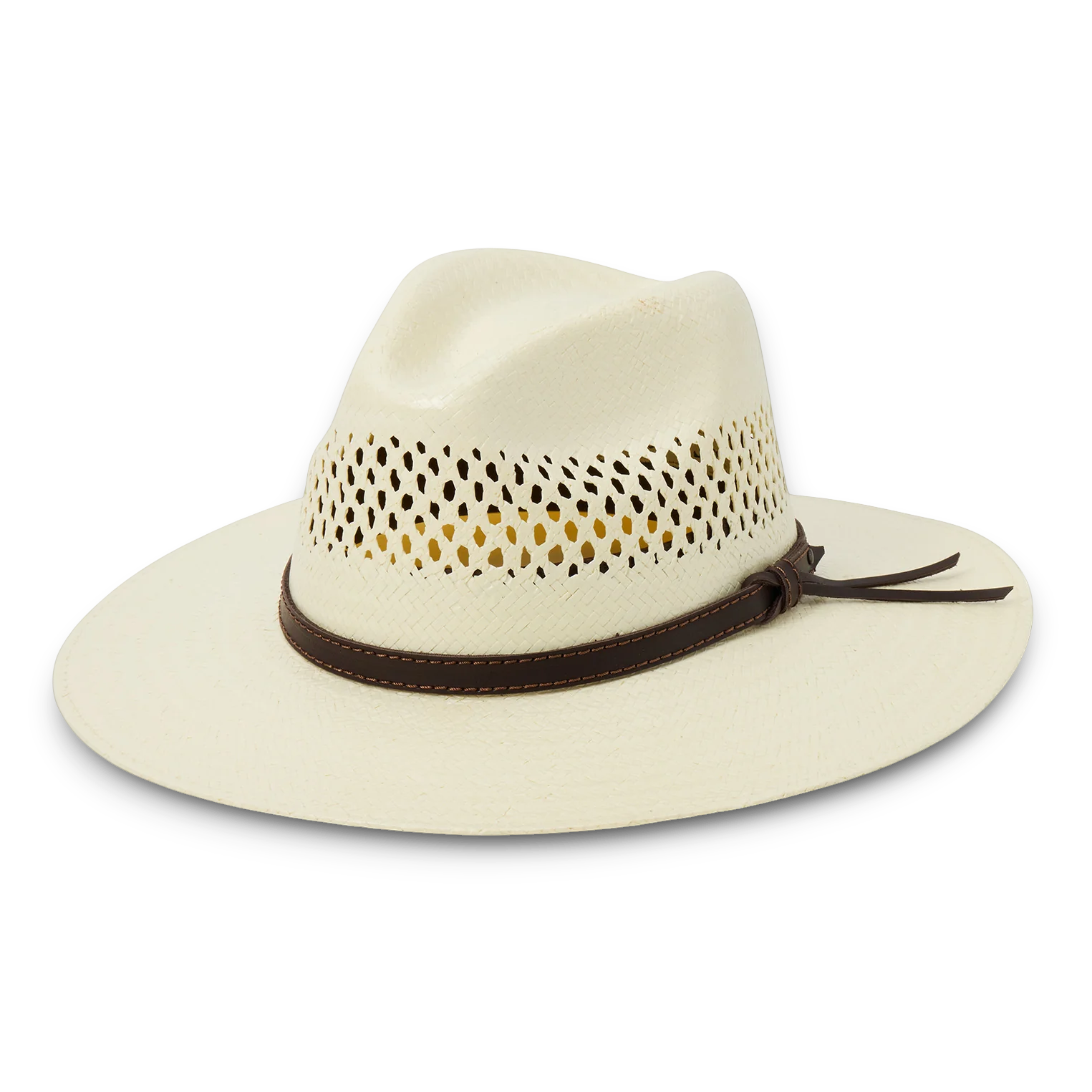 Moon Ridge Hats and Heritage SDigger straw fedora hat in cream with woven detail, leather band, and 3.25" brim.