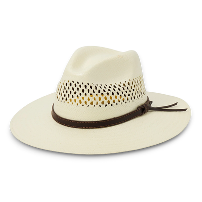 Moon Ridge Hats and Heritage SDigger straw fedora hat in cream with woven detail, leather band, and 3.25" brim.