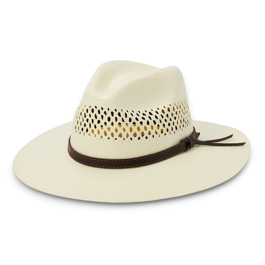 Moon Ridge Hats and Heritage SDigger straw fedora hat in cream with woven detail, leather band, and 3.25" brim.