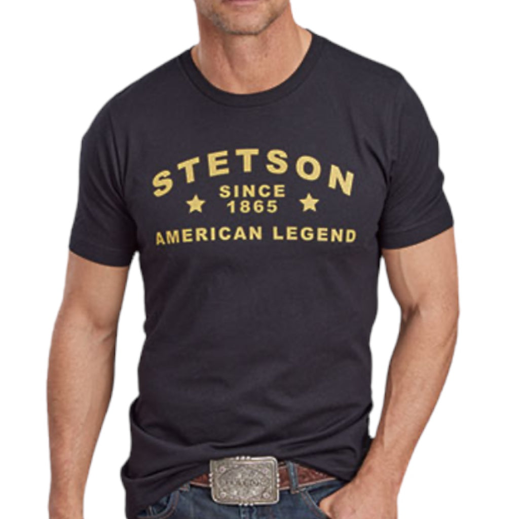 Moon Ridge Hats and Heritage black short-sleeve t-shirt with yellow Stetson American Legend graphic print