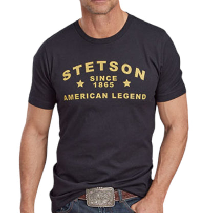 Moon Ridge Hats and Heritage black short-sleeve t-shirt with yellow Stetson American Legend graphic print