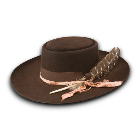 Moon Ridge Hats and Heritage Stetson Kings Row brown firm felt fedora with silk band and removable feather accent.