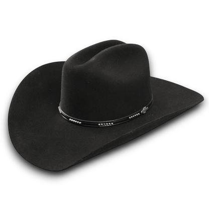 Moon Ridge Hats and Heritage Stetson 72 Llano black wool cowboy hat with cattleman crown and silver-studded band.
