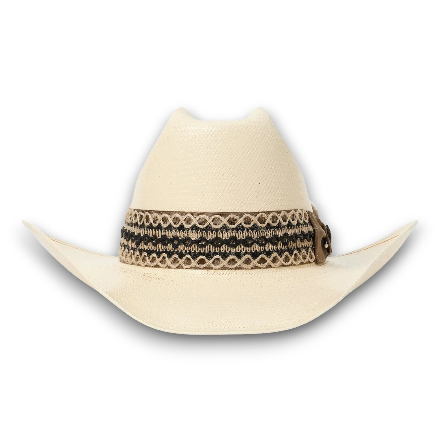 Moon Ridge Hats and Heritage Stetson Lonetree cream Shantung straw cowboy hat with a structured cattleman crown and curved brim, detailed with a layered band and feather.