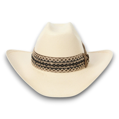 Moon Ridge Hats and Heritage Stetson Lonetree straw cowboy hat with cattleman crown, curved brim, and decorative band with star pin and feather.