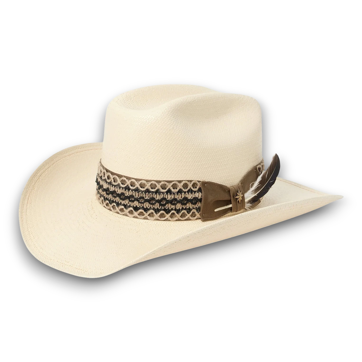 Moon Ridge Hats and Heritage Stetson Lonetree straw cowboy hat in natural with a patterned band, star pin, and feather accent.