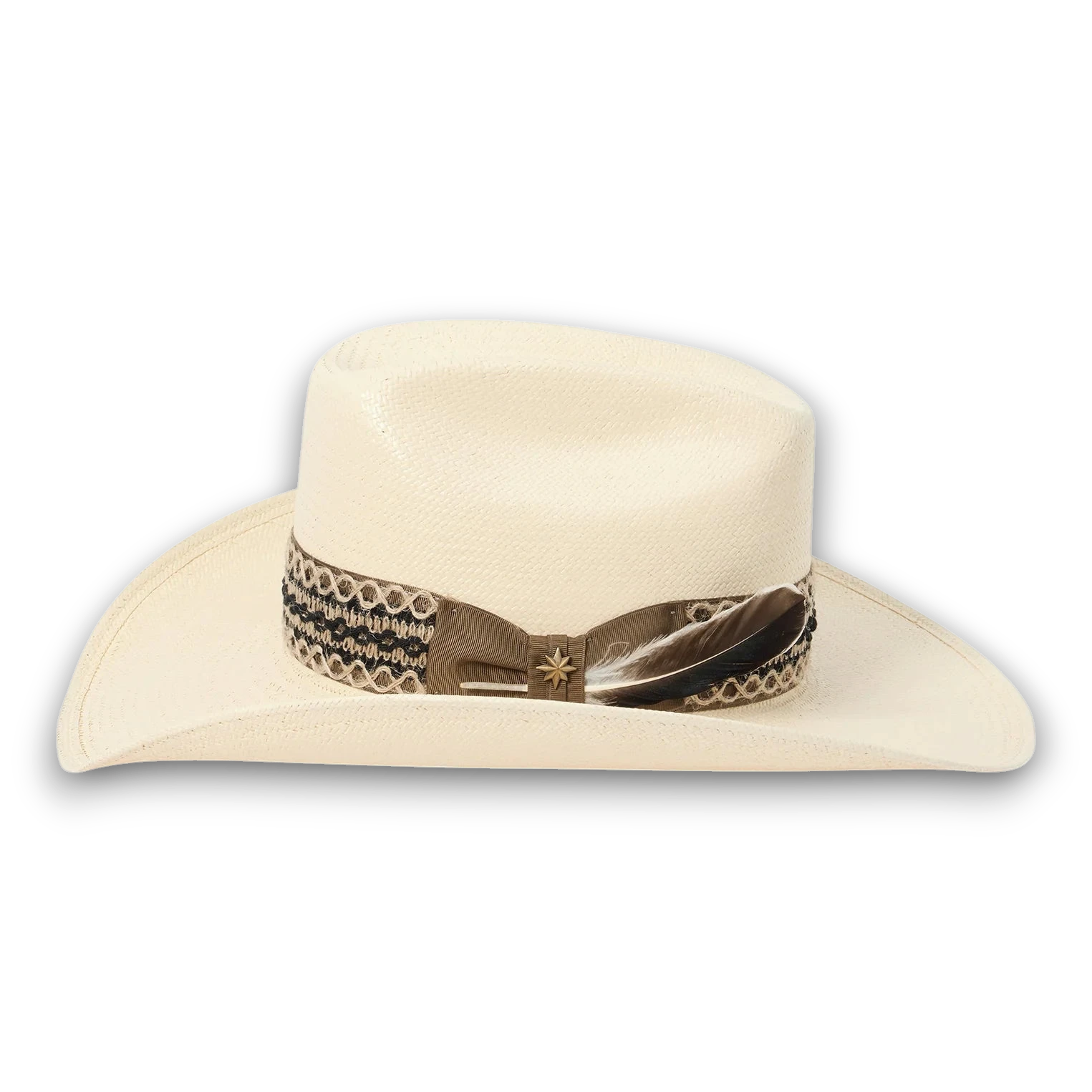 Moon Ridge Hats and Heritage Stetson Lonetree cream Shantung straw cowboy hat with cattleman crown, curved brim, patterned band, star pin, and feather.