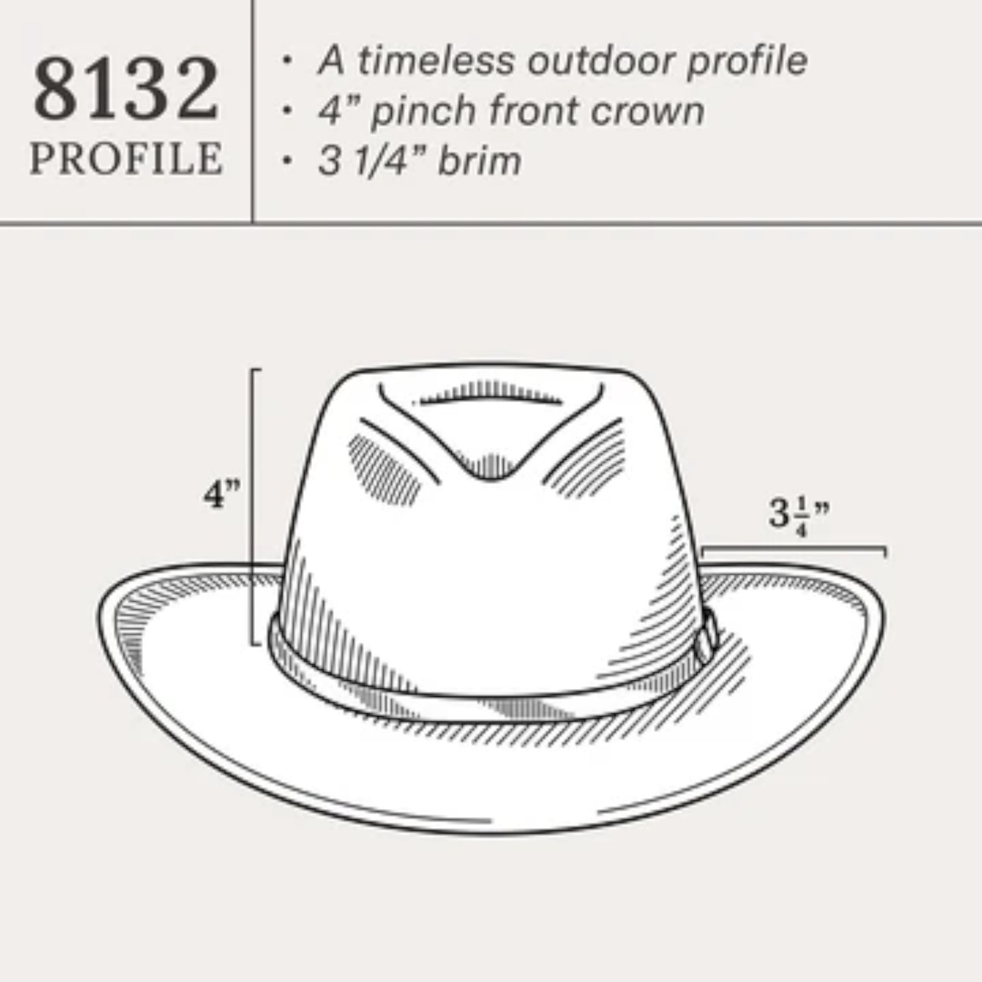 Moon Ridge Hats and Heritage Stetson Mountain Sky wool felt hat profile diagram with 4 inch crown and 3 1/4 inch brim