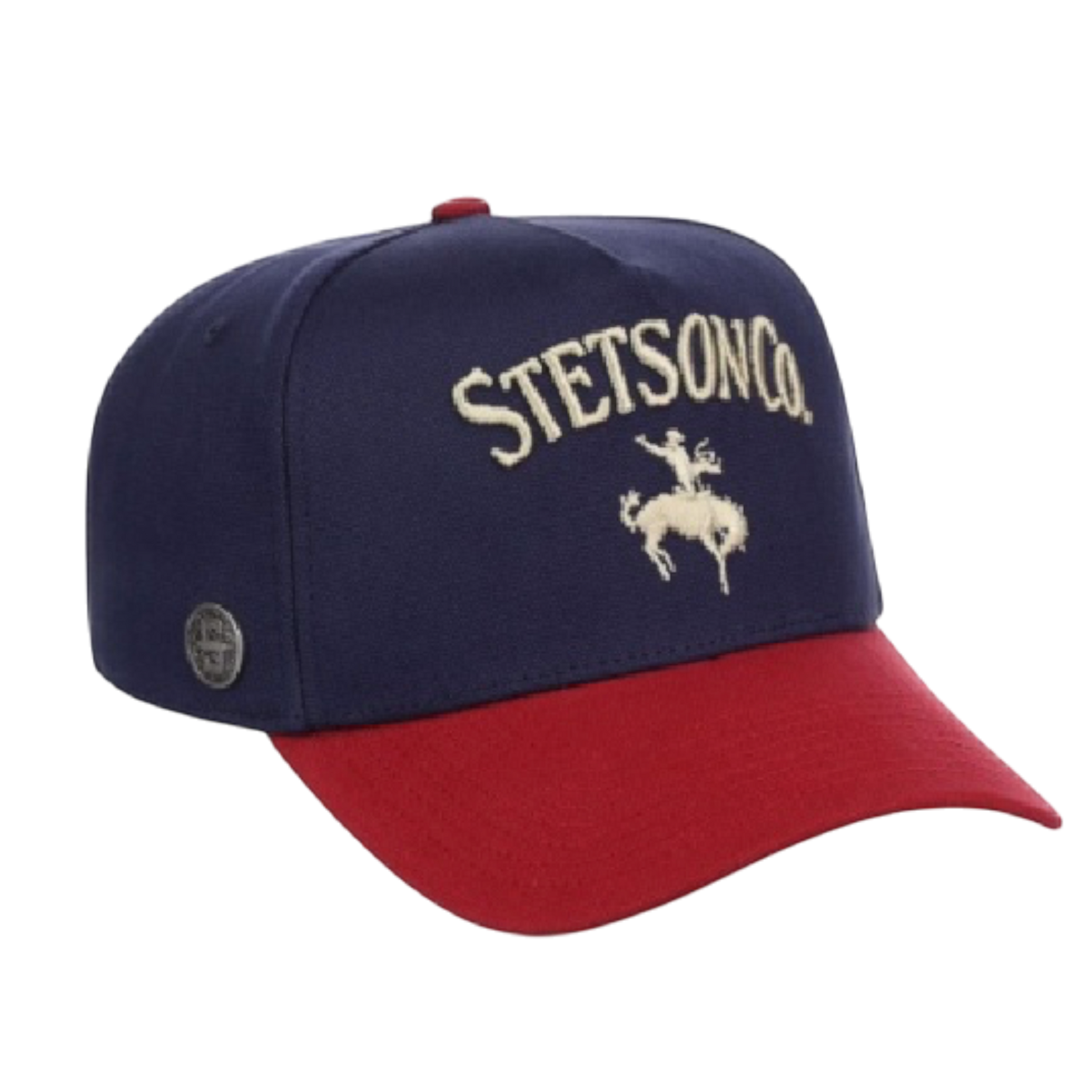Moon Ridge Hats and Heritage navy baseball cap with red brim and embroidered Stetson Co. logo with rider on bucking bronco.