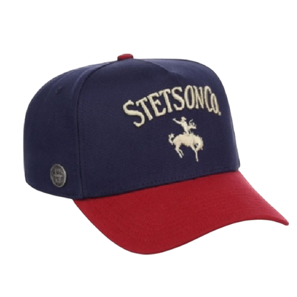 Moon Ridge Hats and Heritage navy baseball cap with red brim and embroidered Stetson Co. logo with rider on bucking bronco.