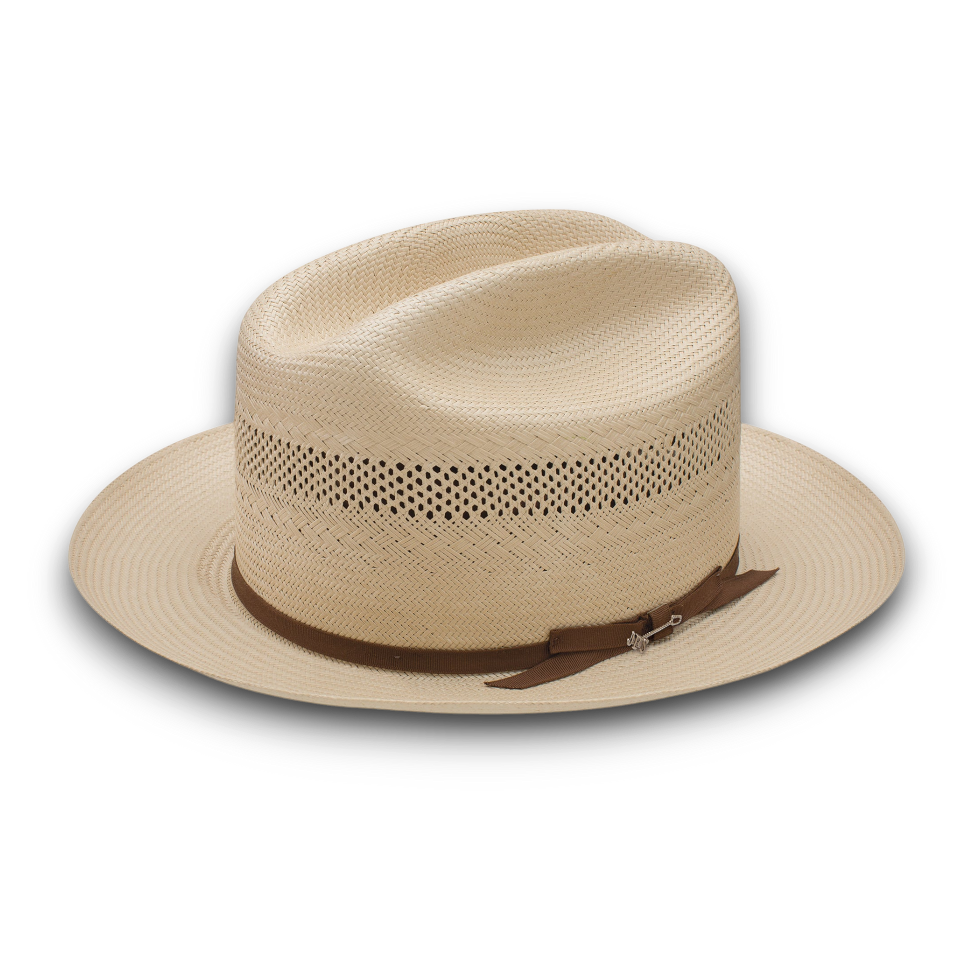 Moon Ridge Hats and Heritage Stetson Open Road straw hat with brown ribbon and silver pin, featuring a vented crown and brim.