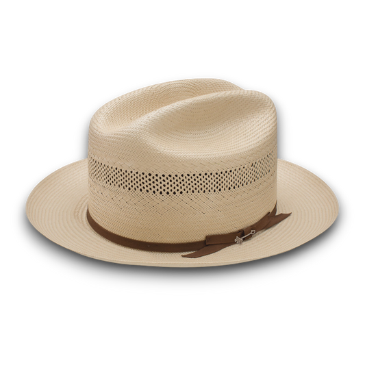 Moon Ridge Hats and Heritage Stetson Open Road straw hat with brown ribbon and silver pin, featuring a vented crown and brim.