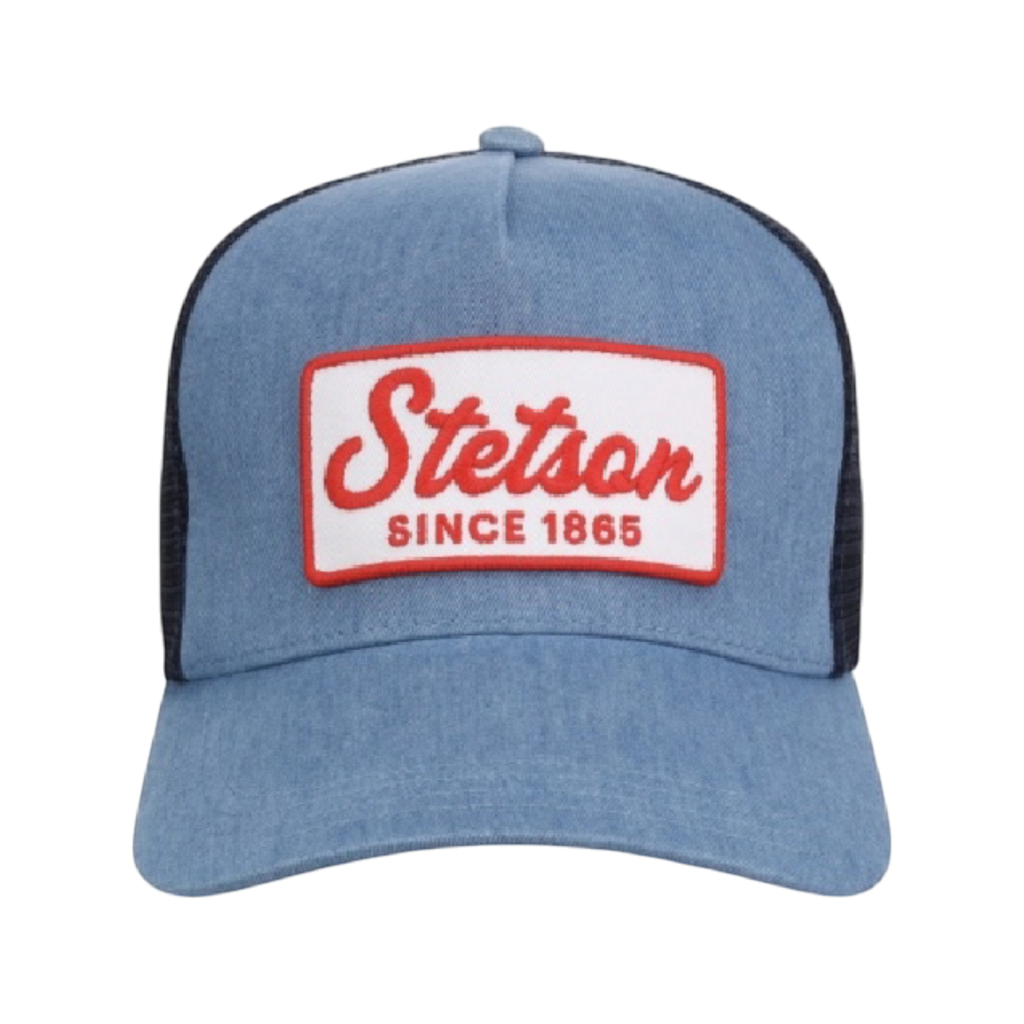 Moon Ridge Hats and Heritage Stetson Since 1865 trucker hat in light blue denim with navy mesh back and red logo patch.