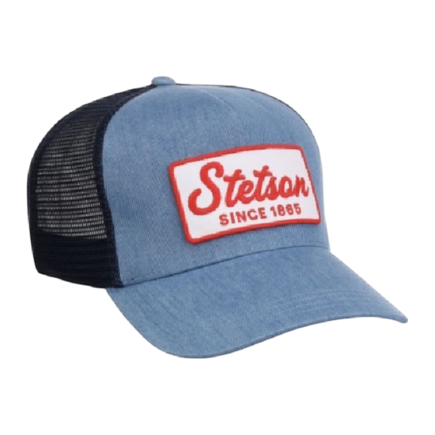 Moon Ridge Hats and Heritage light blue denim-look trucker hat with navy mesh back and Stetson Since 1865 logo patch.