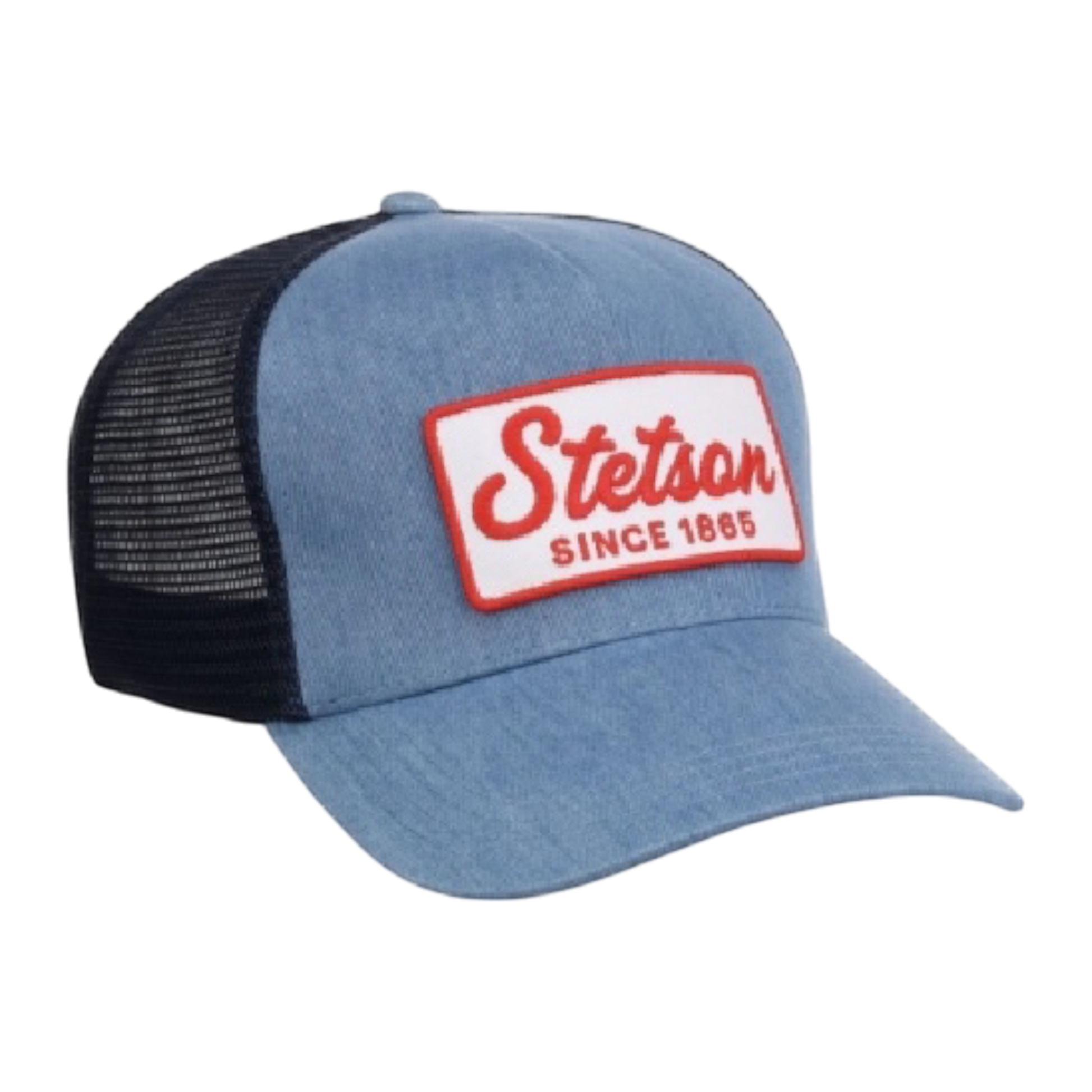 Moon Ridge Hats and Heritage light blue denim-look trucker hat with navy mesh back and Stetson Since 1865 logo patch.