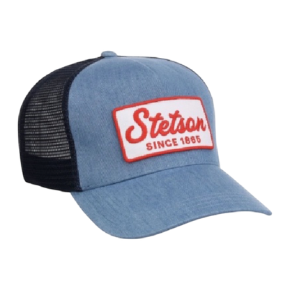 Moon Ridge Hats and Heritage light blue denim-look trucker hat with navy mesh back and Stetson Since 1865 logo patch.