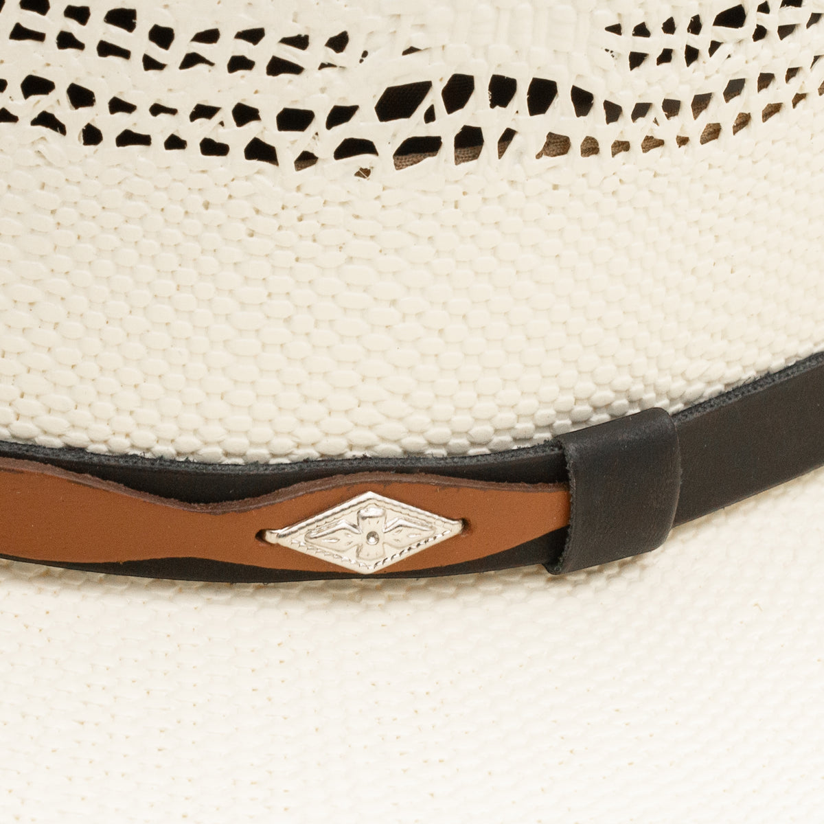 Moon Ridge Anders straw cowboy hat with vented crown, black and brown band, and silver concho detail. 4 1/4" brim.