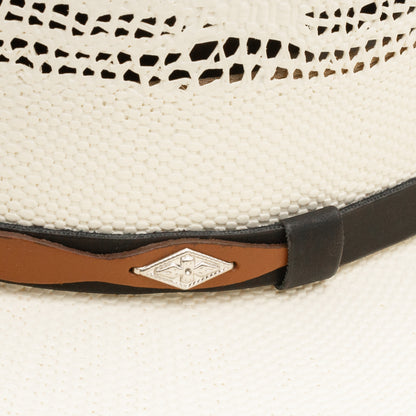 Moon Ridge Anders straw cowboy hat with vented crown, black and brown band, and silver concho detail. 4 1/4" brim.