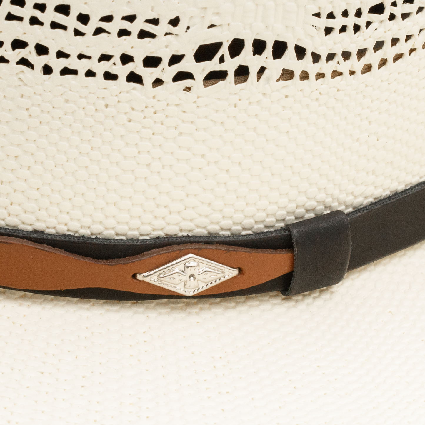 Rafter M Hat Company Anders straw cowboy hat with vented crown, black and brown band, and silver concho detail. 4 1/4" brim.