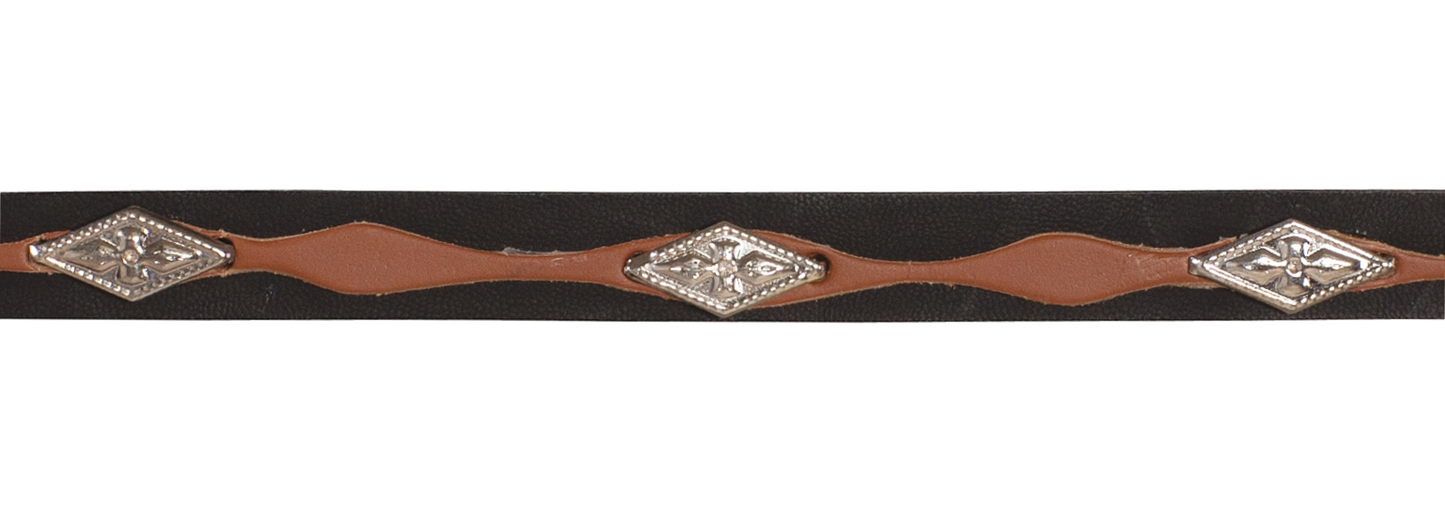 Rafter M Hat Company black and brown leather hat band with silver concho details and wavy accent.