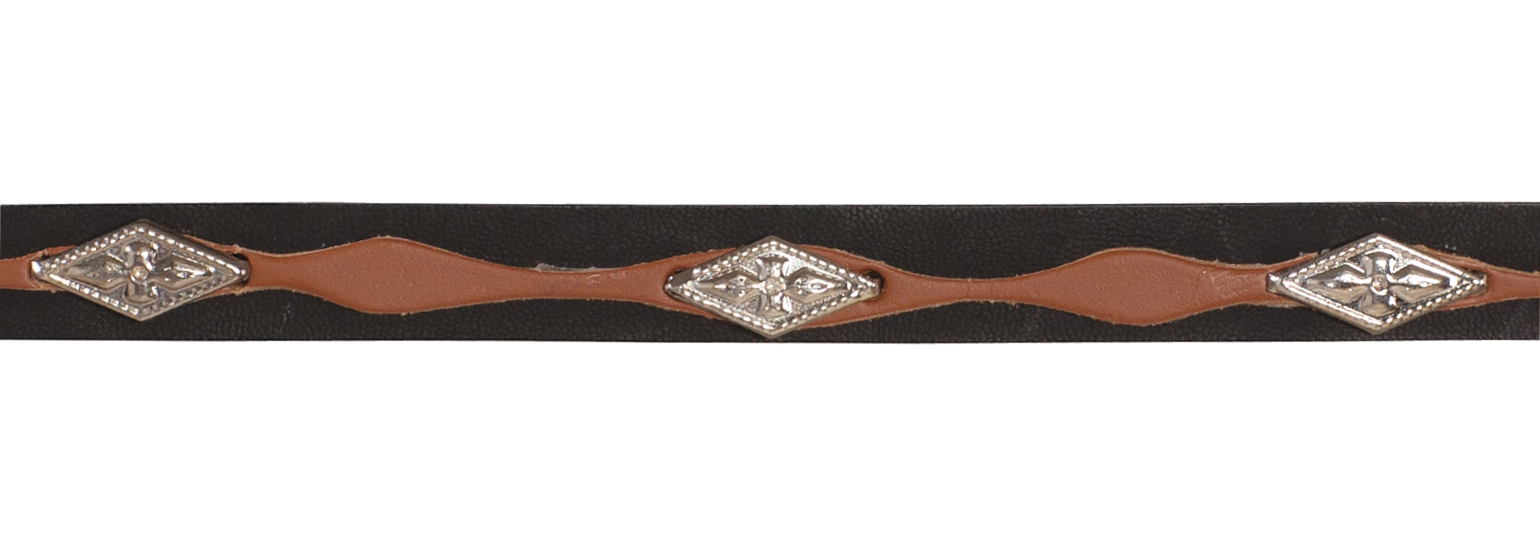 Rafter M Hat Company black and brown leather hat band with silver concho details and wavy accent.