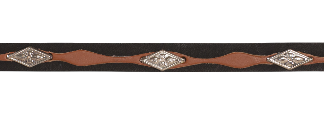 Moon Ridge black and brown leather hat band with silver concho details and wavy accent.