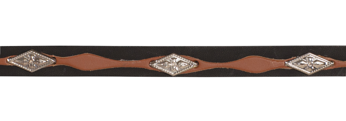 Moon Ridge black and brown leather hat band with silver concho details and wavy accent.