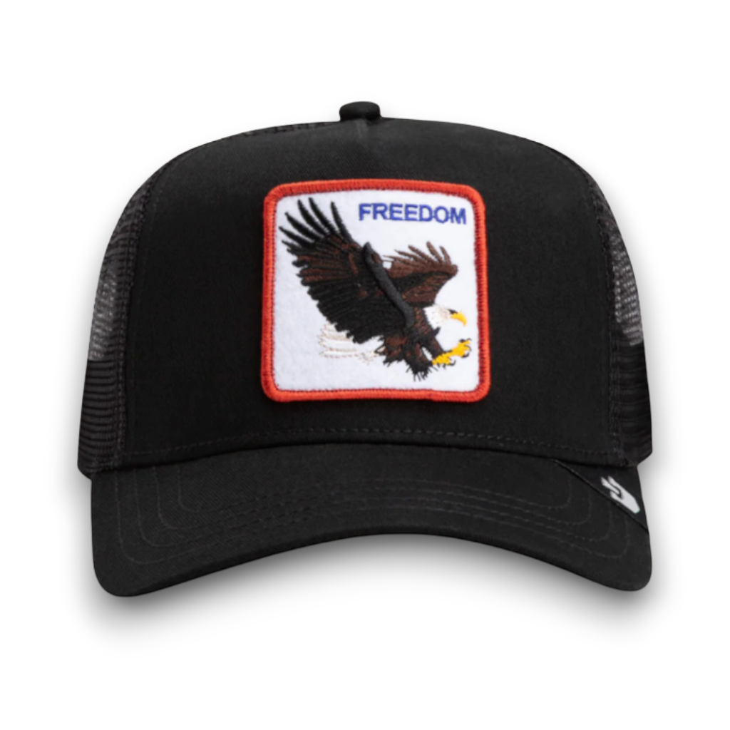 Rafter M Hat Company black trucker hat with embroidered eagle patch and "FREEDOM" text. Mesh back for breathability.