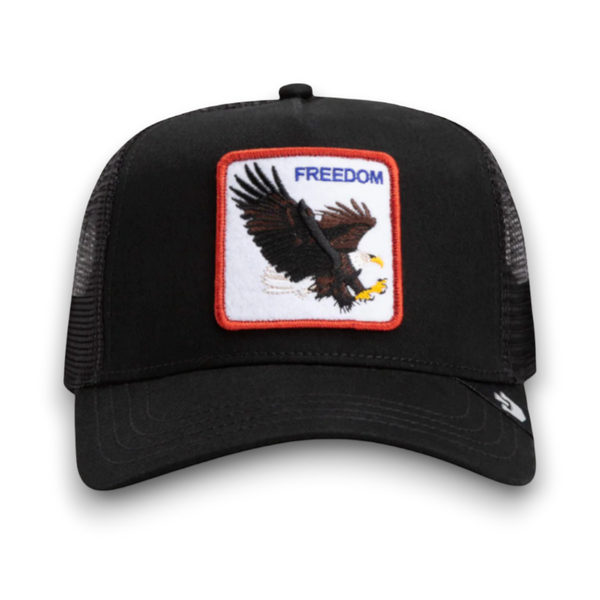 Moon Ridge black trucker hat with embroidered eagle patch and "FREEDOM" text. Mesh back for breathability.