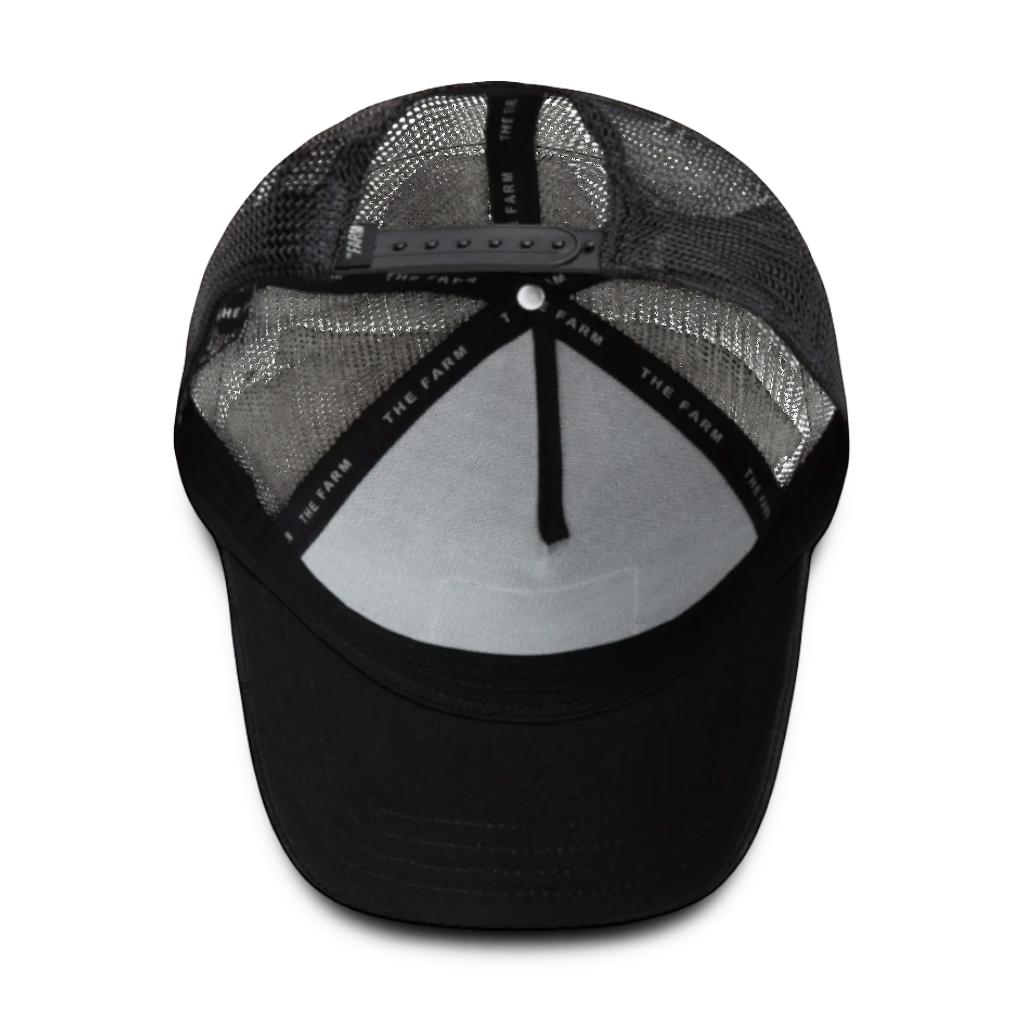 Rafter M Hat Company black trucker hat with embroidered eagle patch and "FREEDOM" lettering. Features mesh back and snap closure.