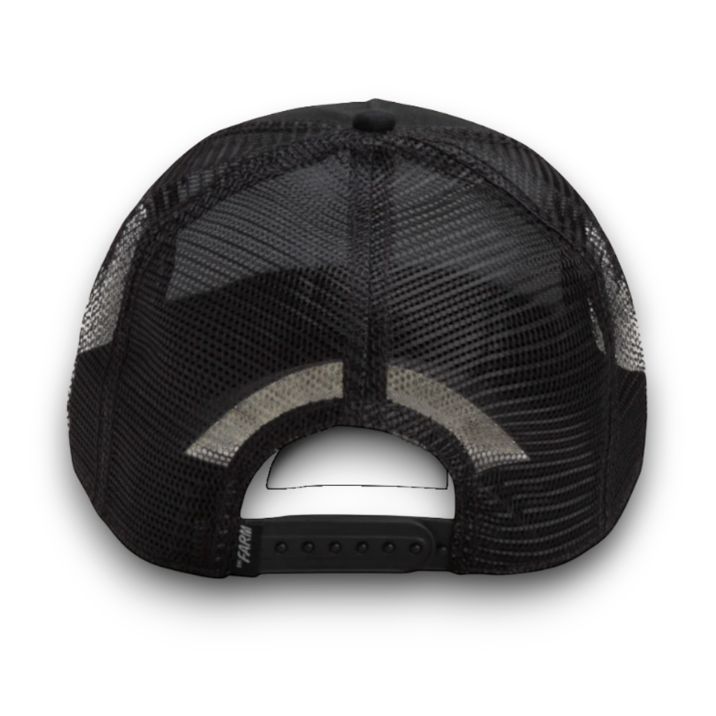 Rafter M Hat Company black trucker hat with mesh back and adjustable snap closure.
